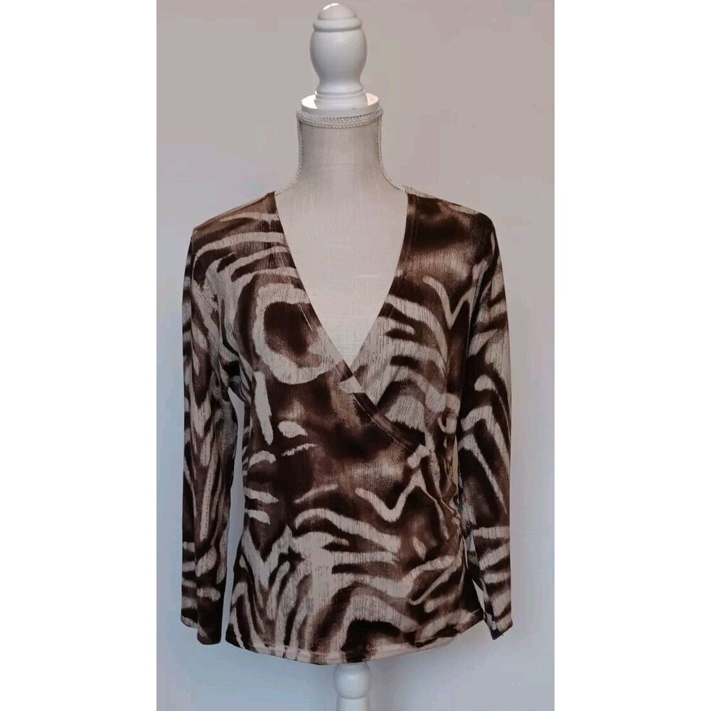 Brown/Beige Animal Design Silk Blend Faux Wrap Sweater - Jones Wear Size M